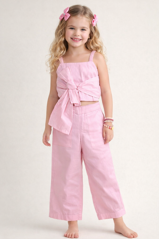 The Magic Wand Cotton Woven Solid Sleeveless Statement Front Bow Top And Pants Set - Pink