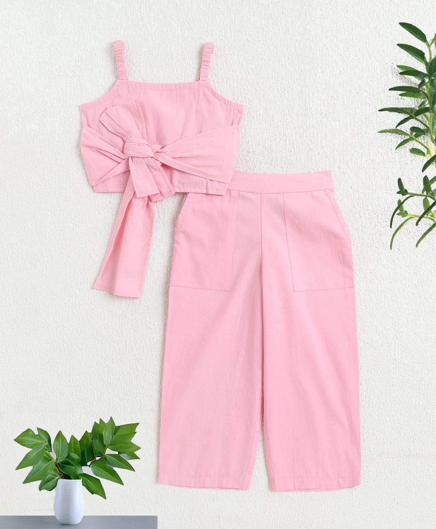 The Magic Wand Cotton Woven Solid Sleeveless Statement Front Bow Top And Pants Set - Pink