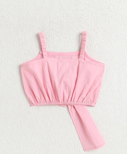 The Magic Wand Cotton Woven Solid Sleeveless Statement Front Bow Top And Pants Set - Pink