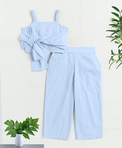 The Magic Wand Cotton Woven Solid Sleeveless Statement Front Bow Top And Pants Set - Blue
