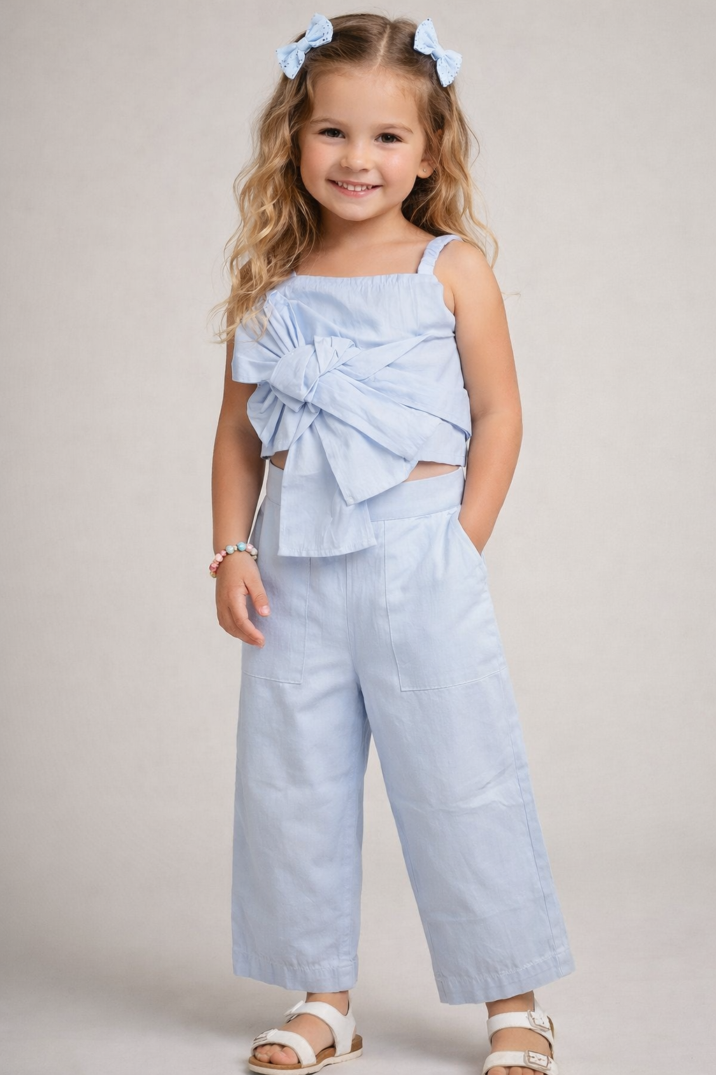 The Magic Wand Cotton Woven Solid Sleeveless Statement Front Bow Top And Pants Set - Blue