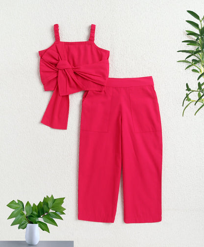 The Magic Wand Cotton Woven Solid Sleeveless Statement Front Bow Top And Pants Set - Fuchsia