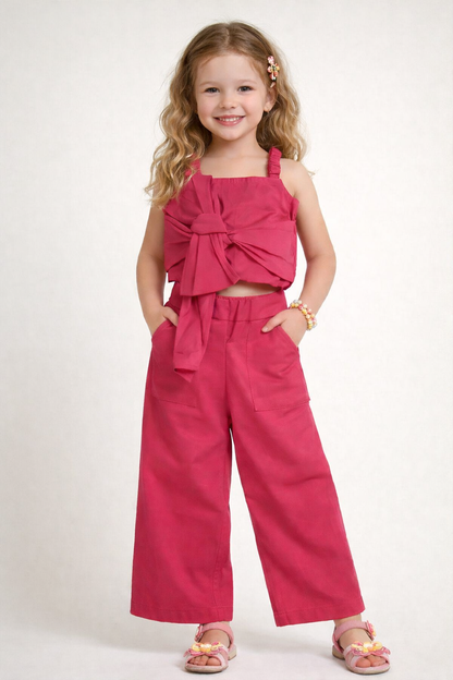 The Magic Wand Cotton Woven Solid Sleeveless Statement Front Bow Top And Pants Set - Fuchsia