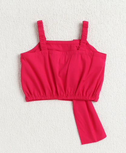 The Magic Wand Cotton Woven Solid Sleeveless Statement Front Bow Top And Pants Set - Fuchsia