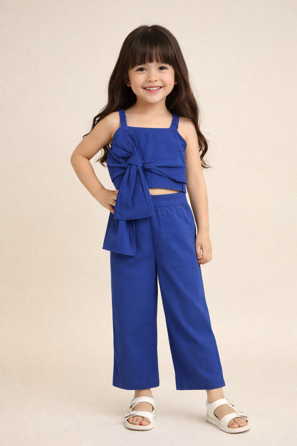 The Magic Wand Cotton Woven Solid Sleeveless Statement Front Bow Top And Pants Set - Royal Blue
