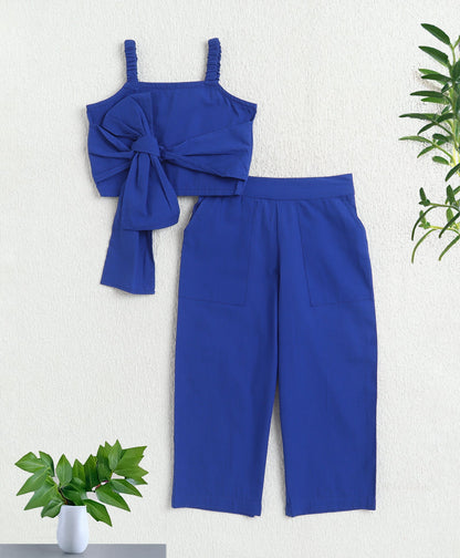 The Magic Wand Cotton Woven Solid Sleeveless Statement Front Bow Top And Pants Set - Royal Blue