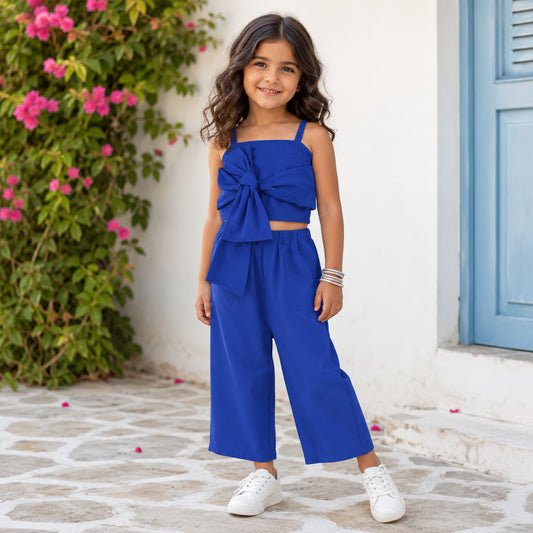 The Magic Wand Cotton Woven Solid Sleeveless Statement Front Bow Top And Pants Set - Royal Blue