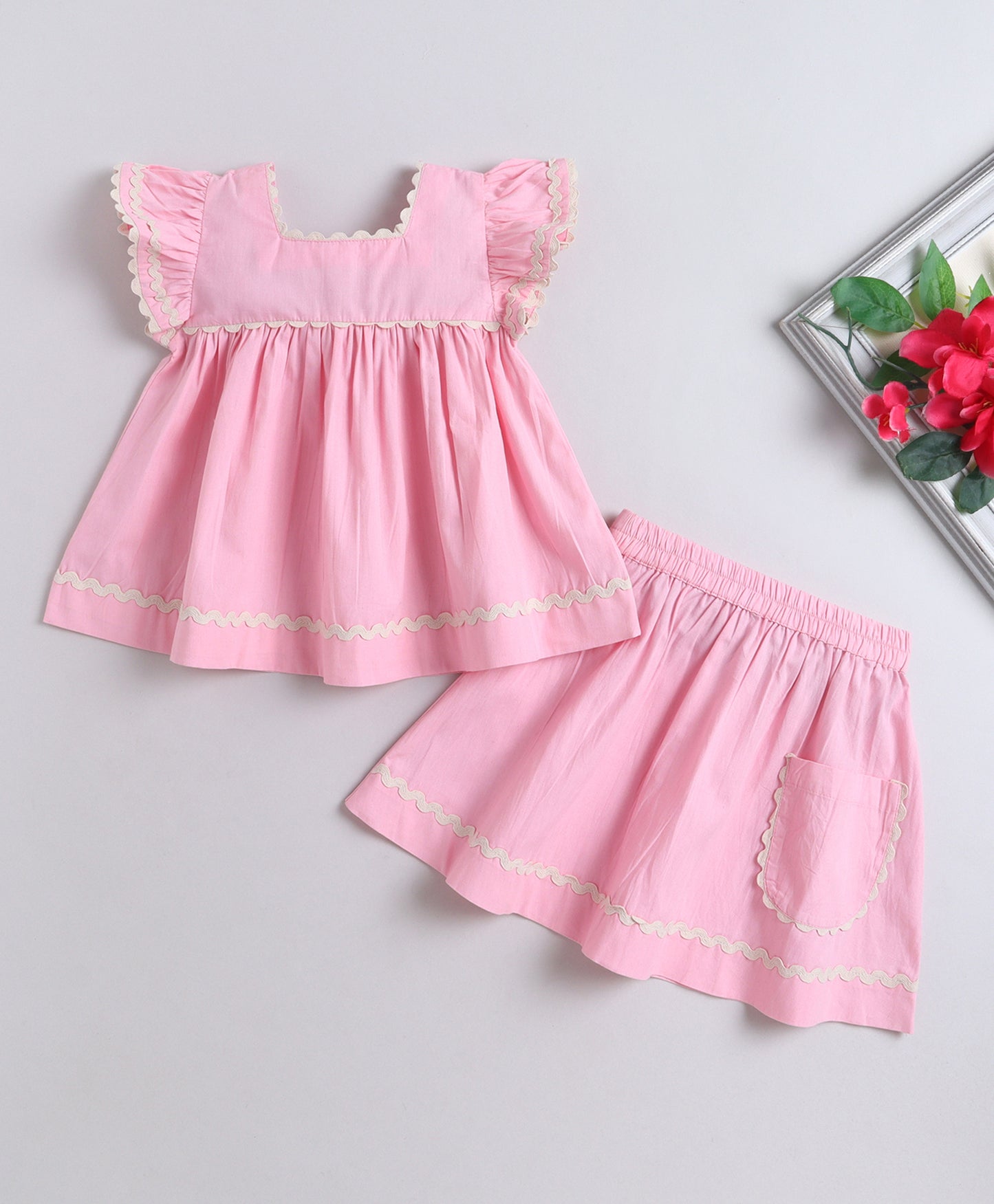 The Magic Wand Cotton Woven Ruffle Sleeves Ric Rac Gathered Top And Skirt Set - Pink