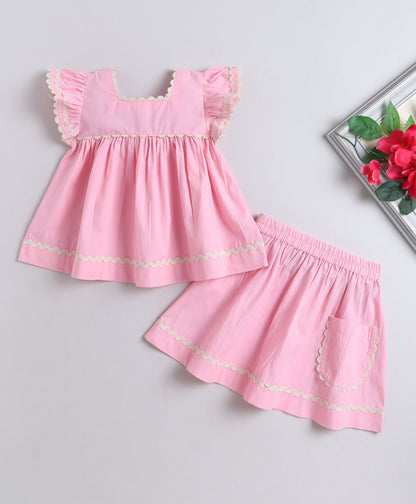 The Magic Wand Cotton Woven Ruffle Sleeves Ric Rac Gathered Top And Skirt Set - Pink