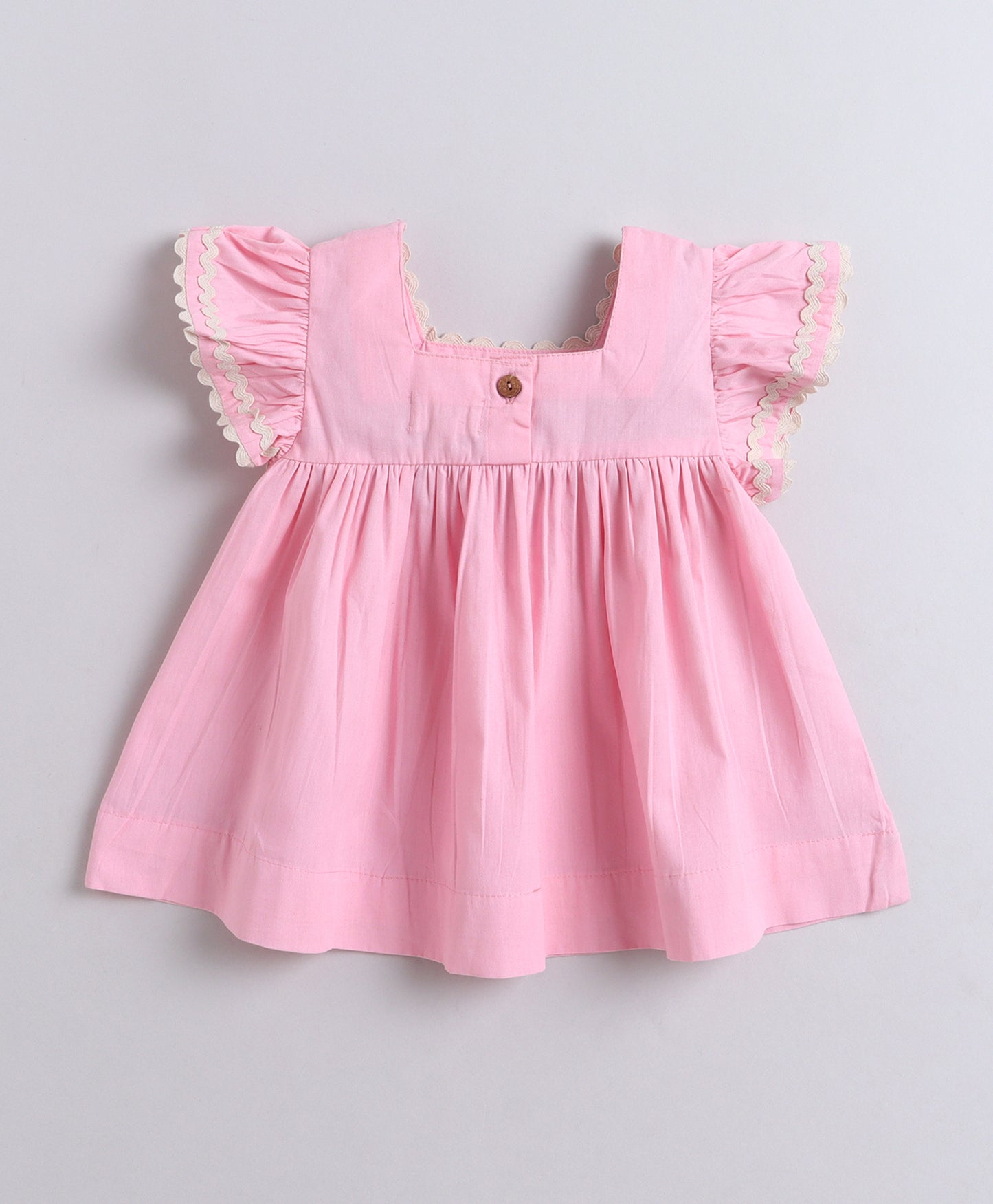 The Magic Wand Cotton Woven Ruffle Sleeves Ric Rac Gathered Top And Skirt Set - Pink
