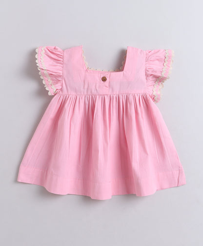 The Magic Wand Cotton Woven Ruffle Sleeves Ric Rac Gathered Top And Skirt Set - Pink