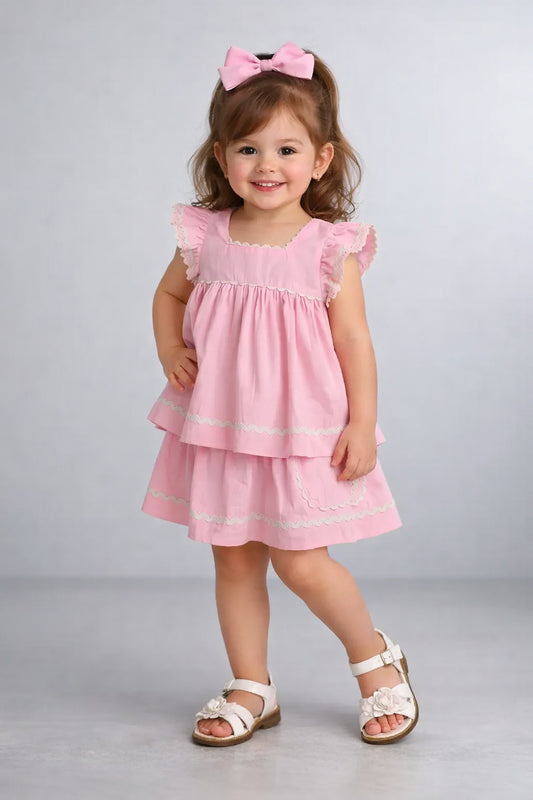 The Magic Wand Cotton Woven Ruffle Sleeves Ric Rac Gathered Top And Skirt Set - Pink