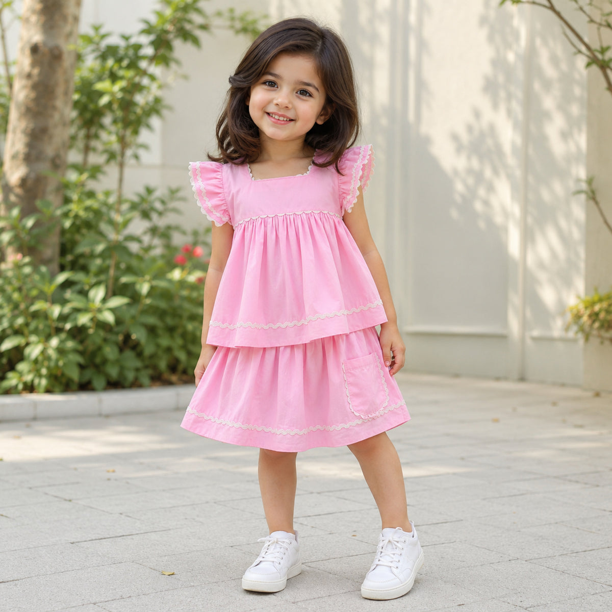 The Magic Wand Cotton Woven Ruffle Sleeves Ric Rac Gathered Top And Skirt Set - Pink