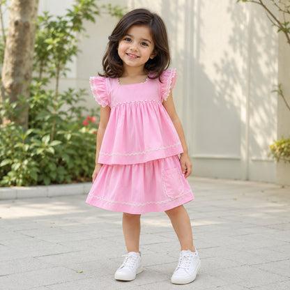 The Magic Wand Cotton Woven Ruffle Sleeves Ric Rac Gathered Top And Skirt Set - Pink