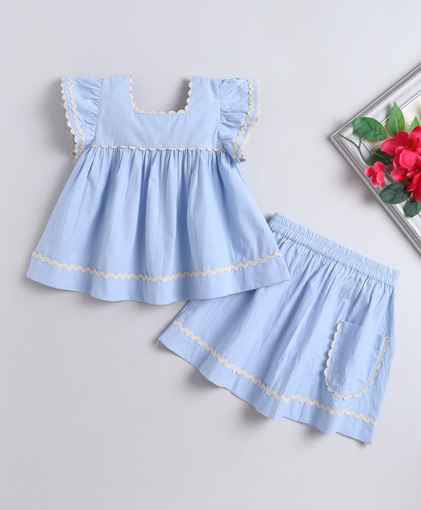 The Magic Wand Cotton Woven Ruffle Sleeves Ric Rac Gathered Top And Skirt Set - Blue