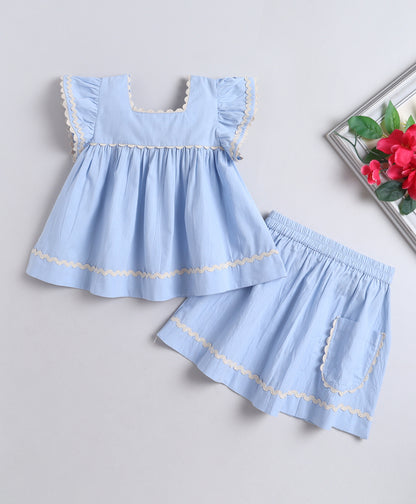 The Magic Wand Cotton Woven Ruffle Sleeves Ric Rac Gathered Top And Skirt Set - Blue