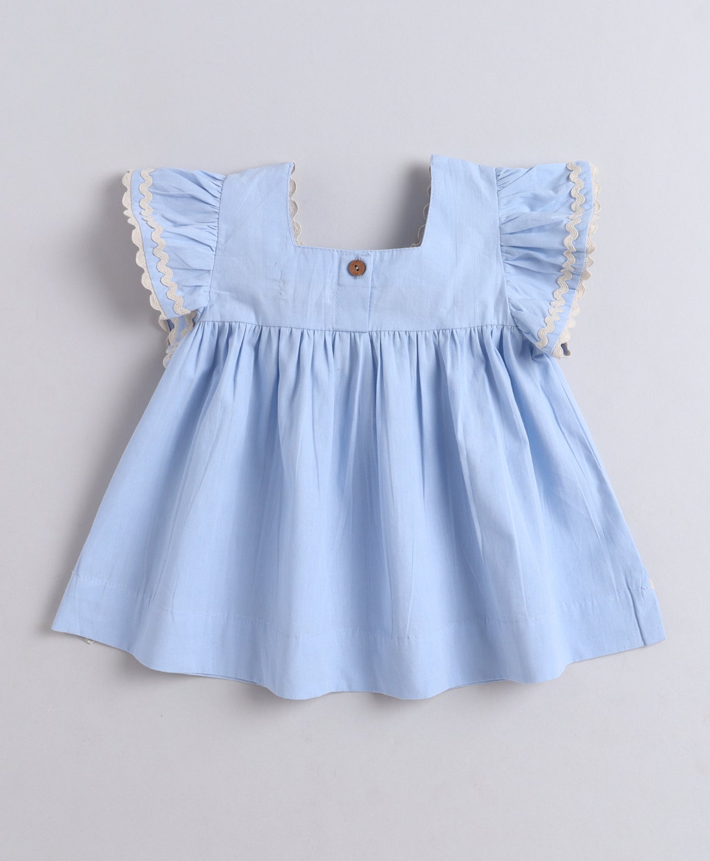 The Magic Wand Cotton Woven Ruffle Sleeves Ric Rac Gathered Top And Skirt Set - Blue