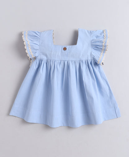 The Magic Wand Cotton Woven Ruffle Sleeves Ric Rac Gathered Top And Skirt Set - Blue