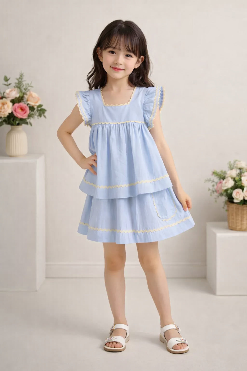 The Magic Wand Cotton Woven Ruffle Sleeves Ric Rac Gathered Top And Skirt Set - Blue