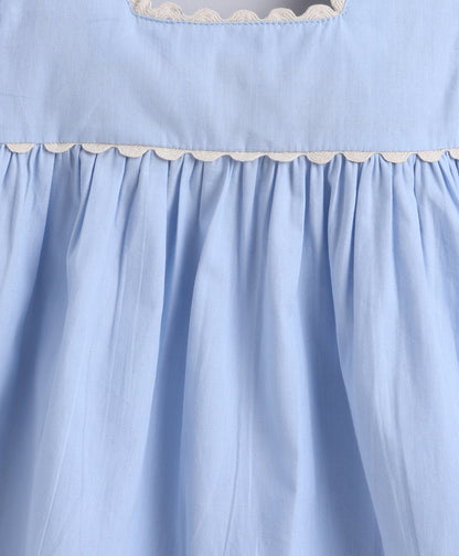 The Magic Wand Cotton Woven Ruffle Sleeves Ric Rac Gathered Top And Skirt Set - Blue