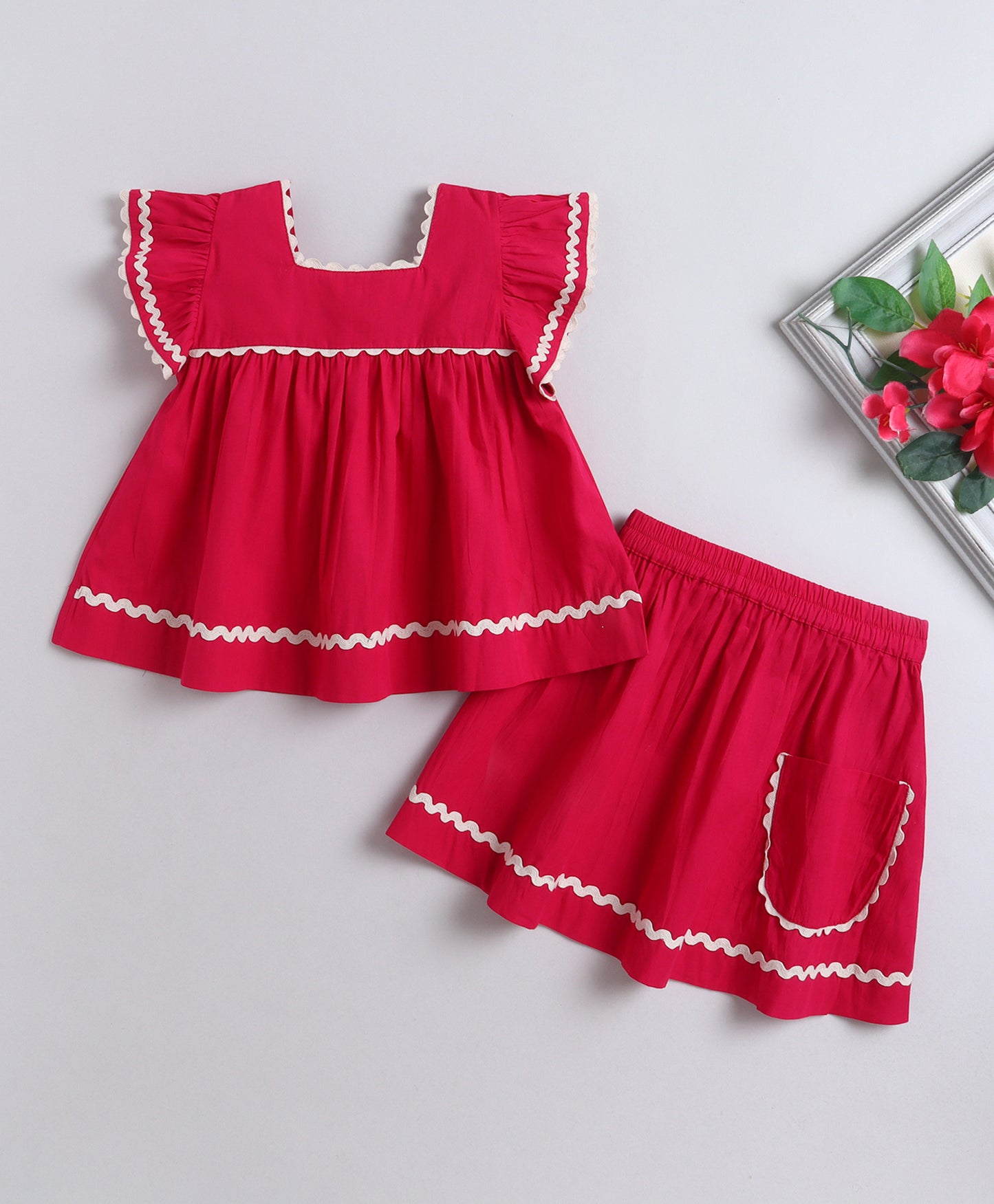 The Magic Wand Cotton Woven Ruffle Sleeves Ric Rac Gathered Top And Skirt Set - Fuchsia