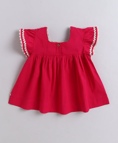 The Magic Wand Cotton Woven Ruffle Sleeves Ric Rac Gathered Top And Skirt Set - Fuchsia