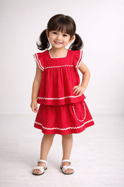The Magic Wand Cotton Woven Ruffle Sleeves Ric Rac Gathered Top And Skirt Set - Fuchsia