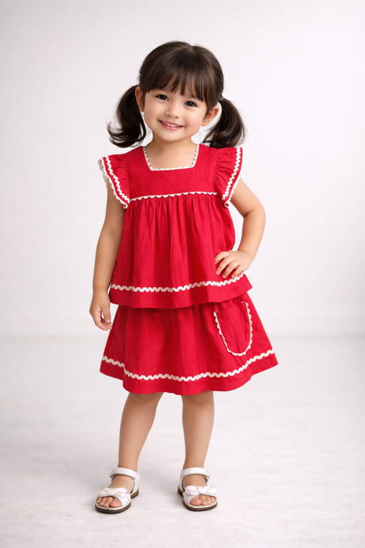 The Magic Wand Cotton Woven Ruffle Sleeves Ric Rac Gathered Top And Skirt Set - Fuchsia