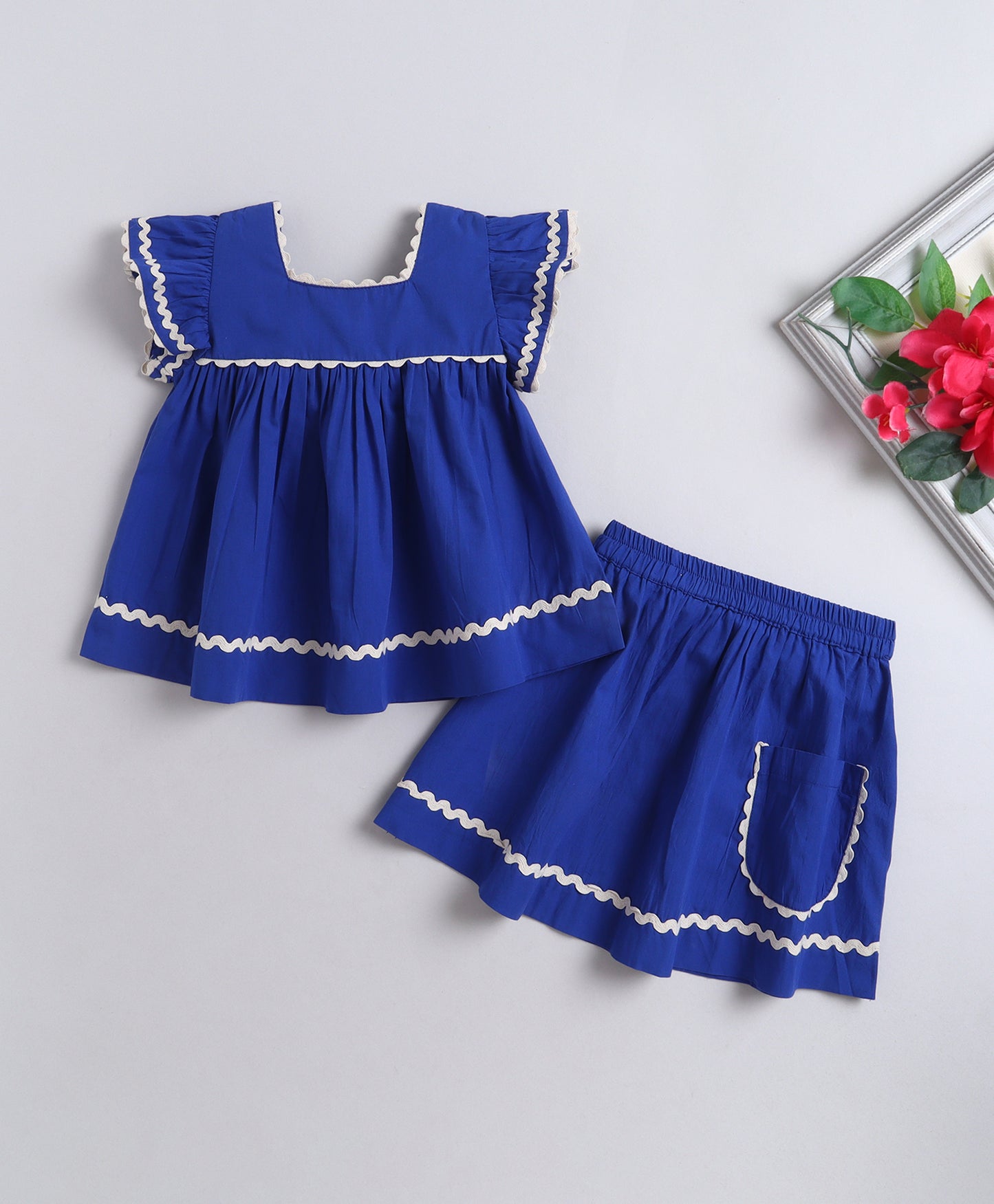 The Magic Wand Cotton Woven Ruffle Sleeves Ric Rac Gathered Top And Skirt Set - Royal Blue