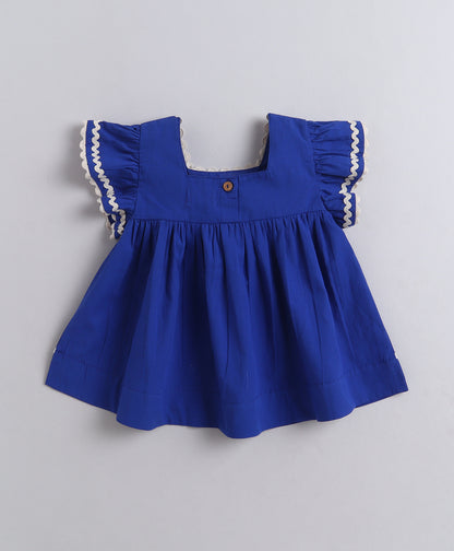 The Magic Wand Cotton Woven Ruffle Sleeves Ric Rac Gathered Top And Skirt Set - Royal Blue