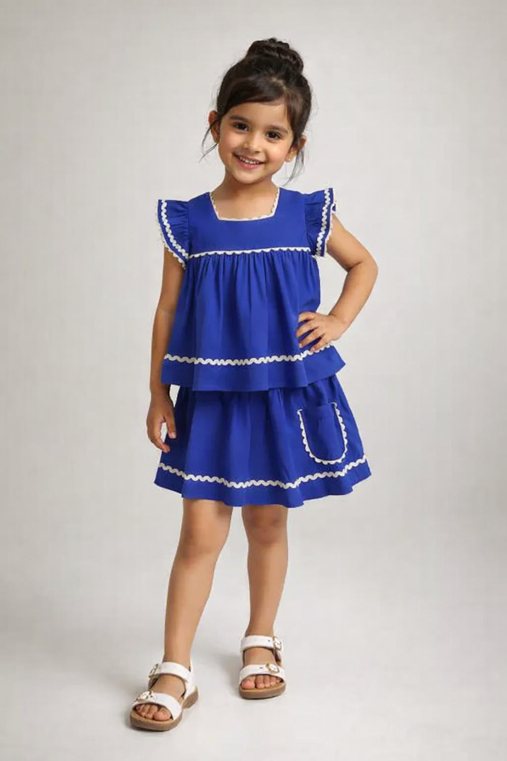 The Magic Wand Cotton Woven Ruffle Sleeves Ric Rac Gathered Top And Skirt Set - Royal Blue
