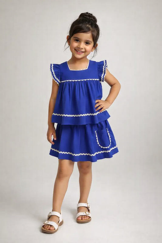 The Magic Wand Cotton Woven Ruffle Sleeves Ric Rac Gathered Top And Skirt Set - Royal Blue