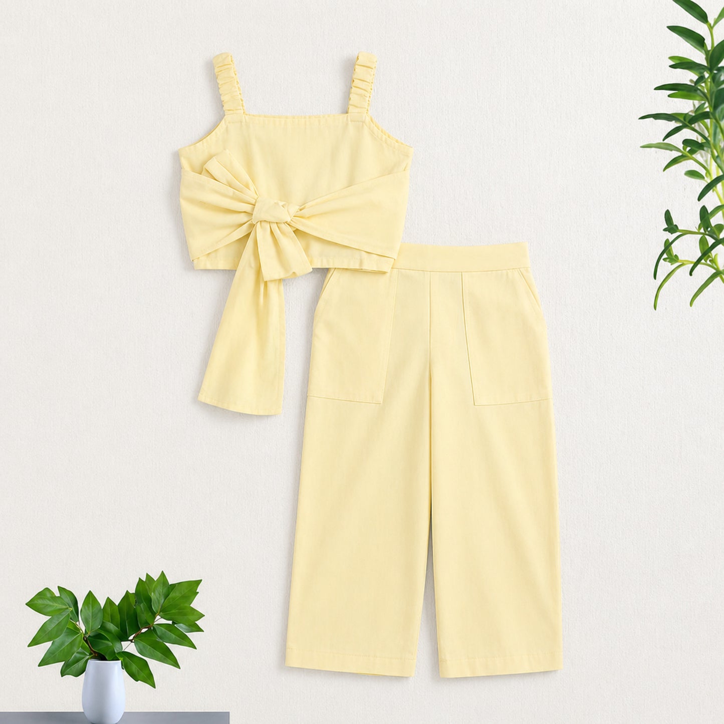 The Magic Wand Cotton Woven Solid Sleeveless Statement Front Bow Top And Pants Set - Cream