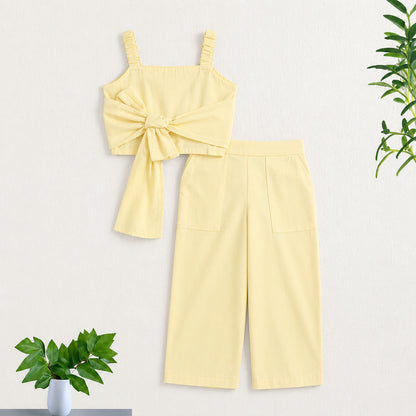 The Magic Wand Cotton Woven Solid Sleeveless Statement Front Bow Top And Pants Set - Cream