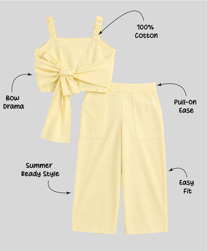 The Magic Wand Cotton Woven Solid Sleeveless Statement Front Bow Top And Pants Set - Cream