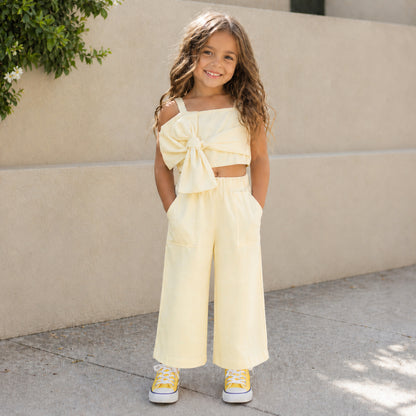 The Magic Wand Cotton Woven Solid Sleeveless Statement Front Bow Top And Pants Set - Cream