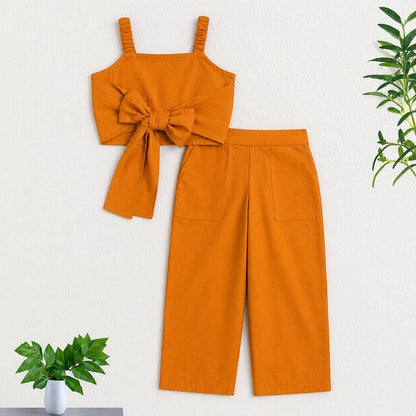 The Magic Wand Cotton Woven Solid Sleeveless Statement Front Bow Top And Pants Set - Orange