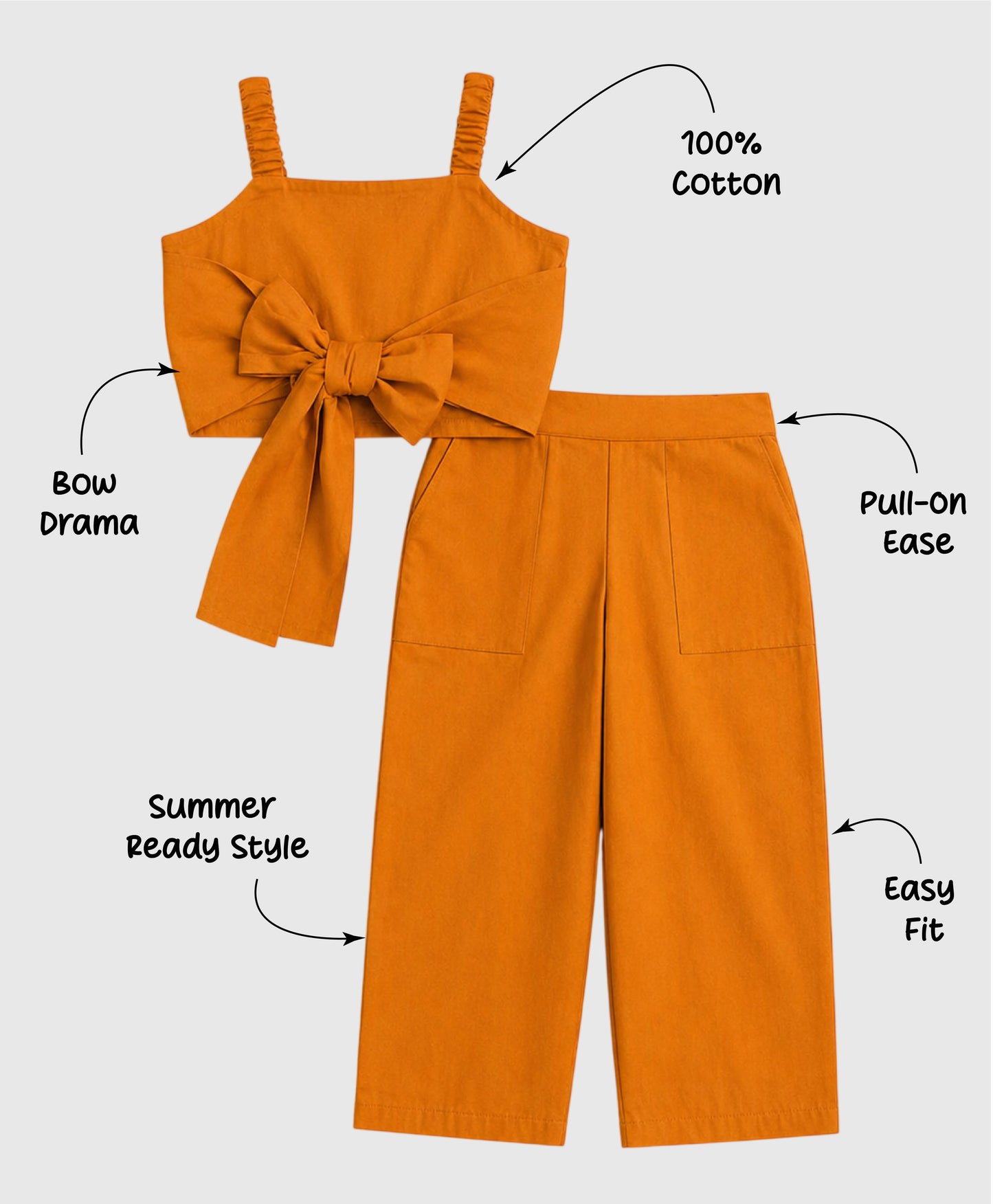 The Magic Wand Cotton Woven Solid Sleeveless Statement Front Bow Top And Pants Set - Orange
