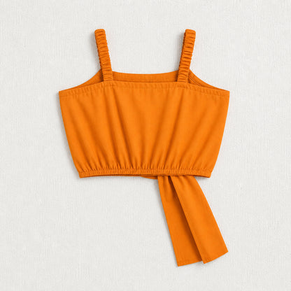 The Magic Wand Cotton Woven Solid Sleeveless Statement Front Bow Top And Pants Set - Orange