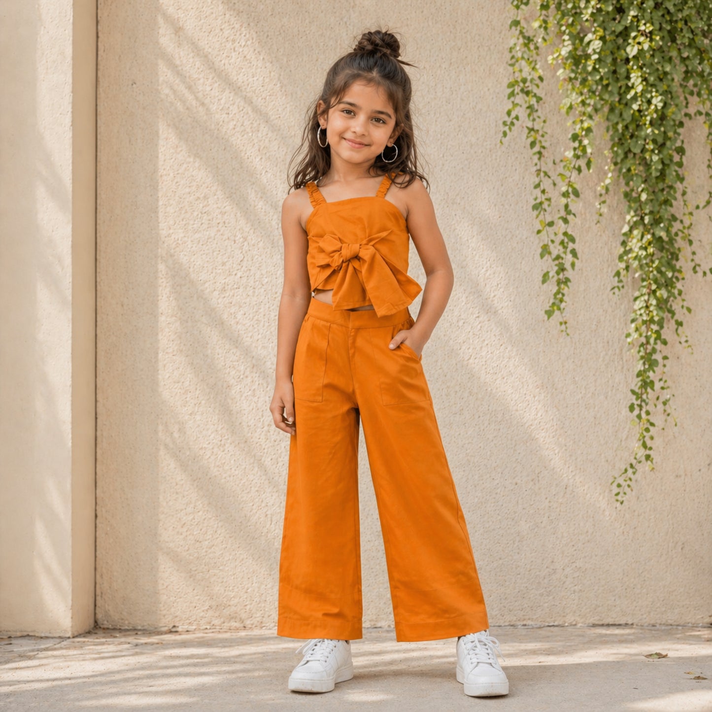The Magic Wand Cotton Woven Solid Sleeveless Statement Front Bow Top And Pants Set - Orange