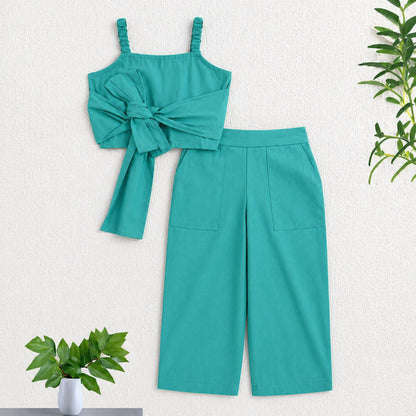 The Magic Wand Cotton Woven Solid Sleeveless Statement Front Bow Top And Pants Set - Turquoise