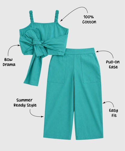 The Magic Wand Cotton Woven Solid Sleeveless Statement Front Bow Top And Pants Set - Turquoise