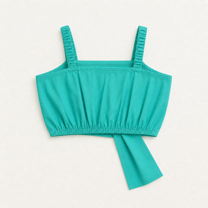 The Magic Wand Cotton Woven Solid Sleeveless Statement Front Bow Top And Pants Set - Turquoise