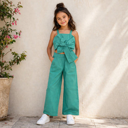 The Magic Wand Cotton Woven Solid Sleeveless Statement Front Bow Top And Pants Set - Turquoise