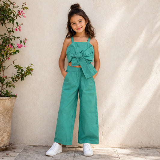 The Magic Wand Cotton Woven Solid Sleeveless Statement Front Bow Top And Pants Set - Turquoise