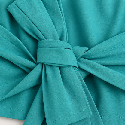 The Magic Wand Cotton Woven Solid Sleeveless Statement Front Bow Top And Pants Set - Turquoise