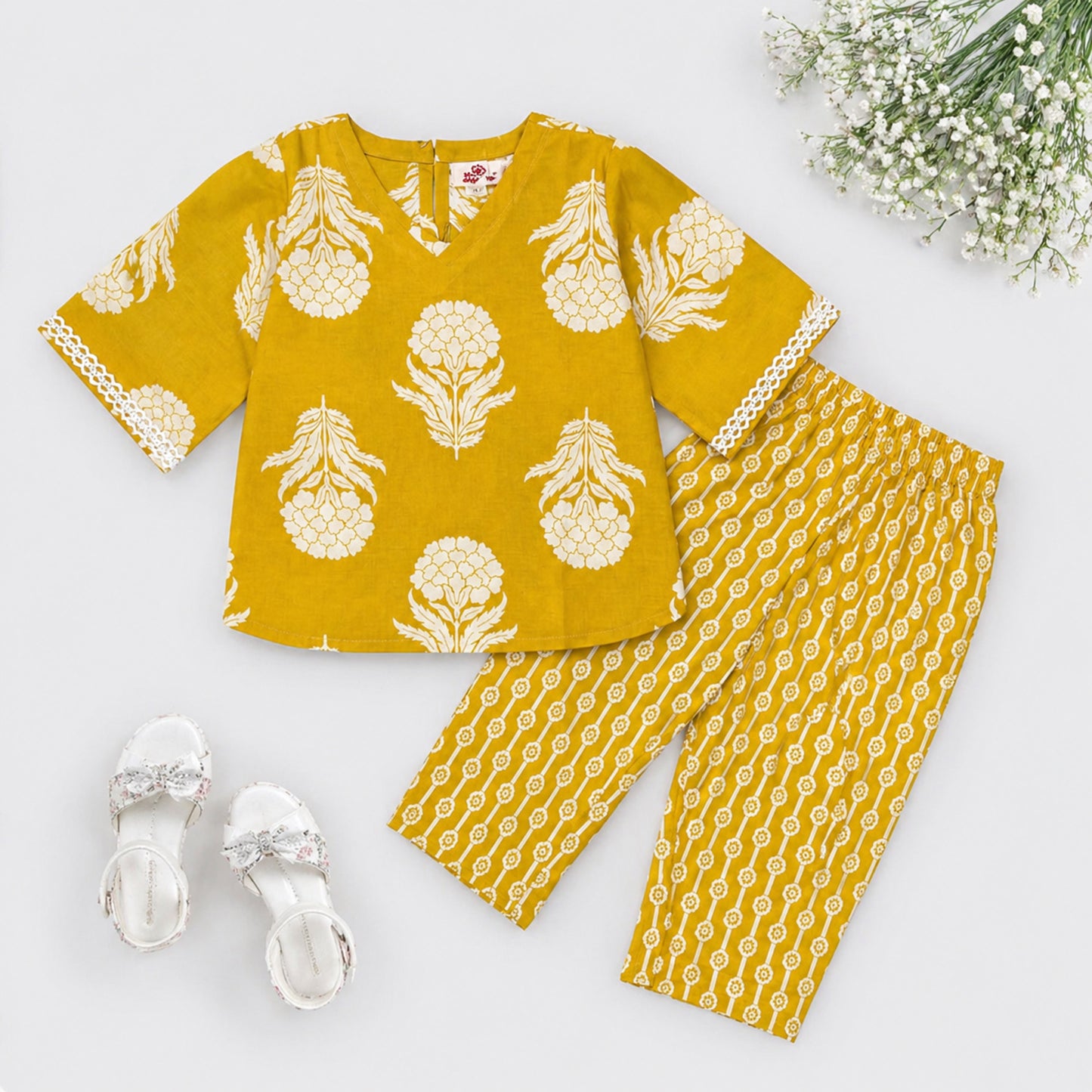 The Magic Wand Cotton Woven Three Fourth Sleeves Floral Printed Top And Pant Loungewear Set - Yellow