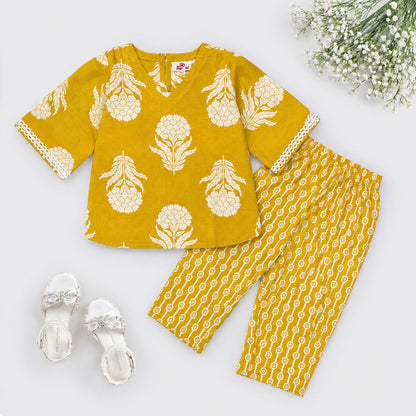 The Magic Wand Cotton Woven Three Fourth Sleeves Floral Printed Top And Pant Loungewear Set - Yellow