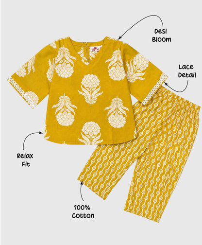 The Magic Wand Cotton Woven Three Fourth Sleeves Floral Printed Top And Pant Loungewear Set - Yellow