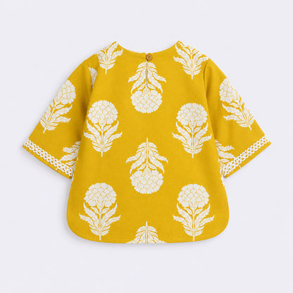 The Magic Wand Cotton Woven Three Fourth Sleeves Floral Printed Top And Pant Loungewear Set - Yellow